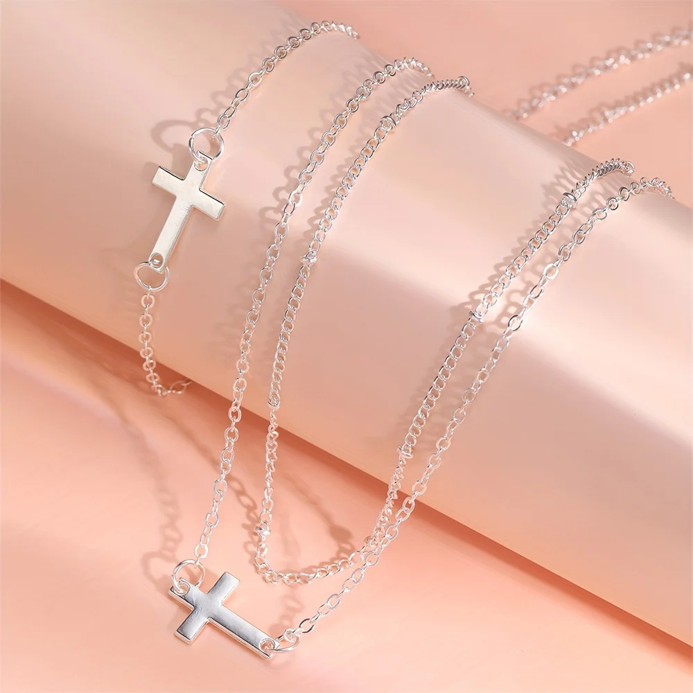 Vintage Gold Color Metal Cross Pendant Necklace Bracelet Jewelry Set for Women Simple Minimalist Match Daily Wear Accessories