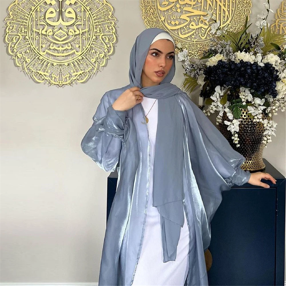 

Modest Open Abaya Ramadan Dubai Robe Musulmane Shiny Satin Silk Turkey Kaftan Islam Clothing Muslim Women Kimono Caftan Cardigan