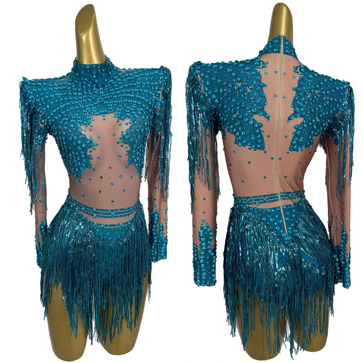 

Women Long Sleeve Sexy Sparkly Tassels Crystals Bodycon Bodysuit High Stretch Bar Dancer Club Show Wear Birthday Outfit Xinniang