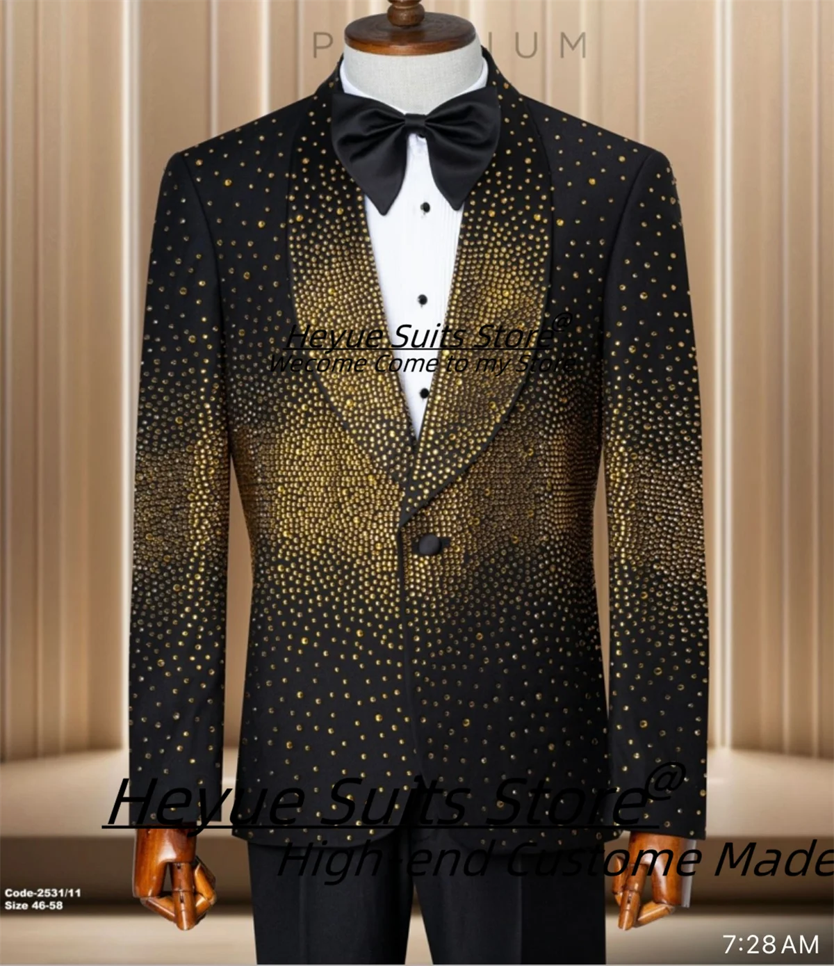 Luxuly Shiny Diamond Groom Wedding Tuxedos Customized Slim Shawl Lapel Men Suits Elegant 2Pcs Sets Male Prom Blazers Ropa Hombre