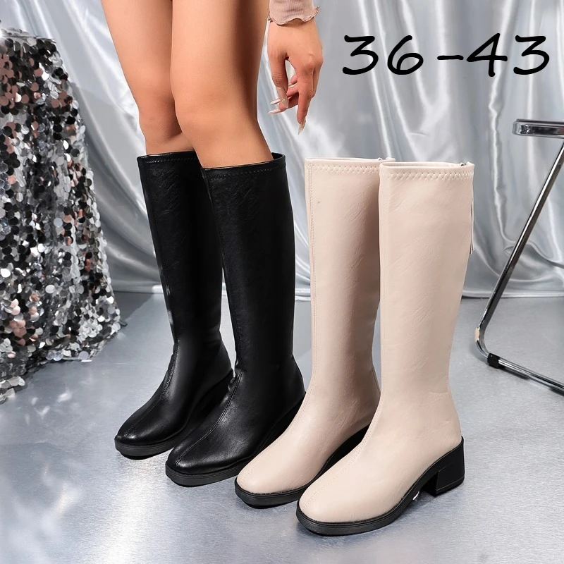 

Women's Knee-High Boots Chunky Heel Round Toe PU Leather Fashion Shoes Comfortable for Party Casual Daily Wear Easy Zip Closure