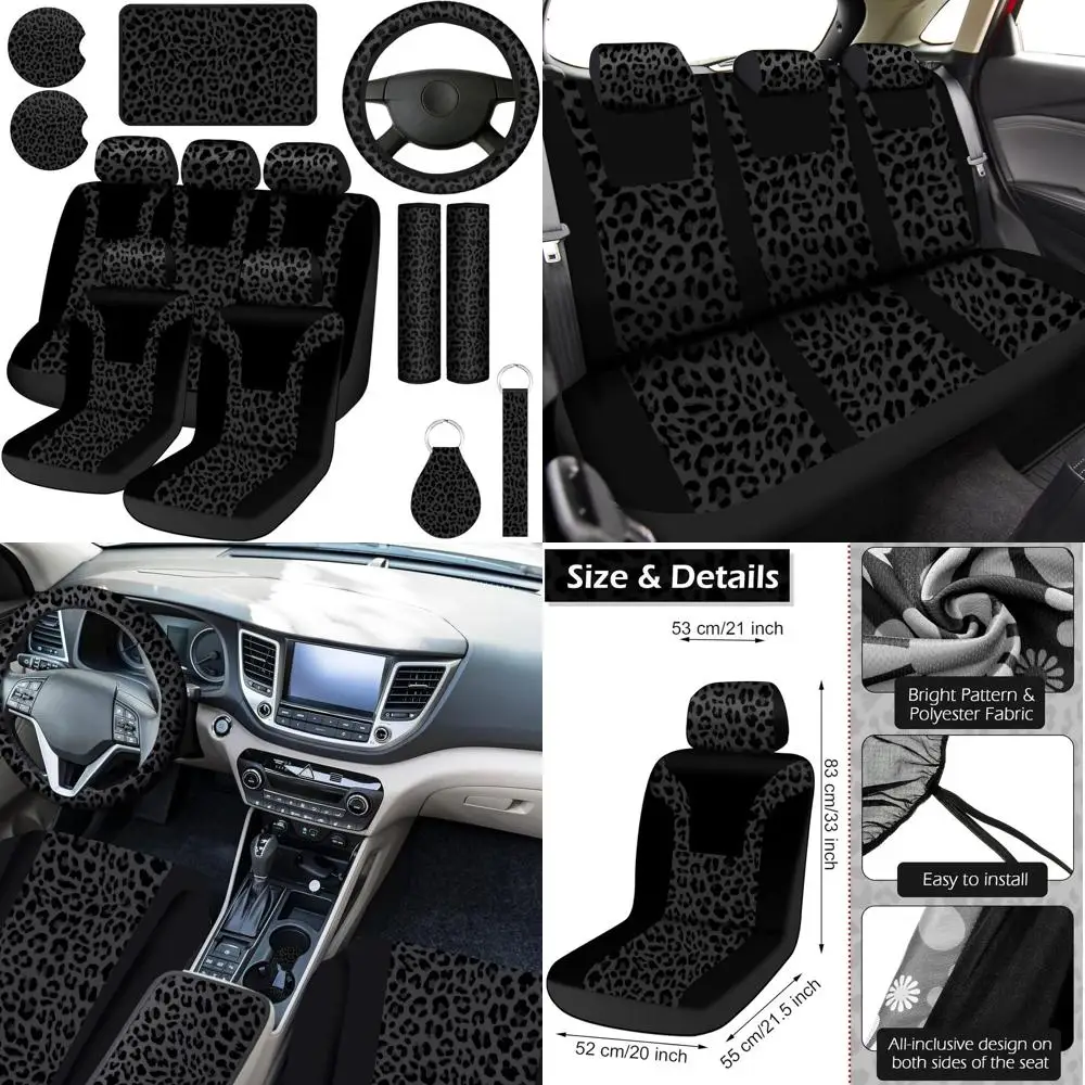 

13 Pcs Leopard Print Car Accessories Set, Includes Seat Covers Set Leopard Steering Wheel Cover Mats Armrest Pad Cover Seat Belt