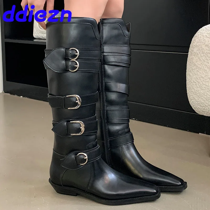 

New Footwear Autumn Winter Fashion Metal Buckle Ladies Long Booties Shoes Women Knee High Western Boots With Zippers Shoes