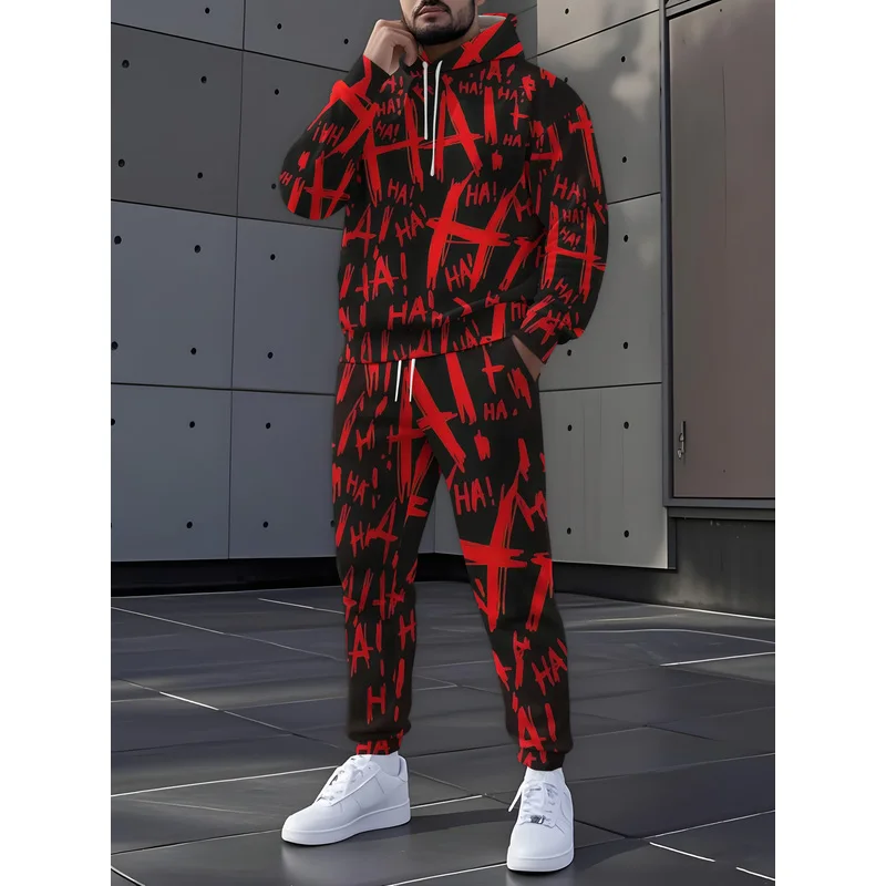 Fashionable Red And Black Graffiti Printed Hoodie And Sweatpants Two-Piece Set Suitable For Men'S Casual Sportswear