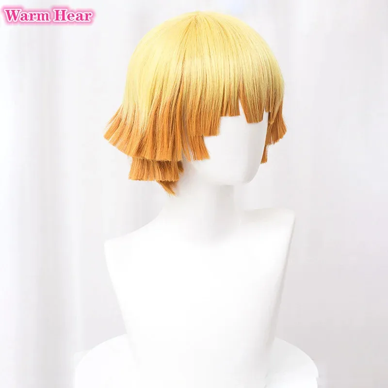 Anime Agatsuma Zenitsu Cosplay Wig Short 30cm Yellow Gradient Orange Wig Heat Resistant Synthetic Men Wigs Halloween + Wig Cap