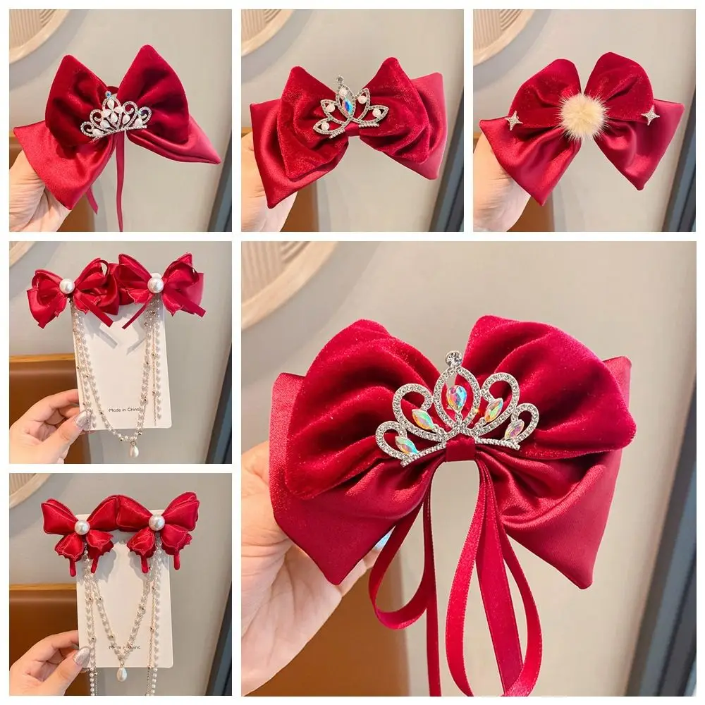 Plush Children Red Velvet Bow Hairpin Cloth Pearl Chinese New Year Headwear Tang Suit Hair Clip Crystal Crown