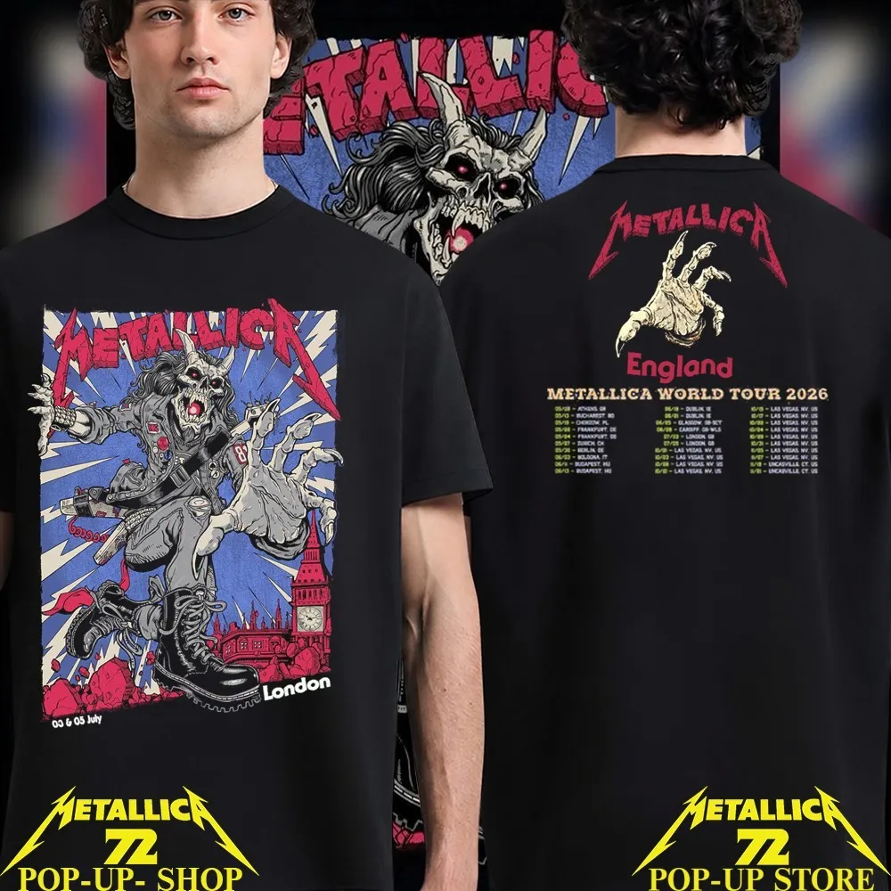 2026 Metallica London World Tour Two Sides T-Shirt Heavy Metal Band Skeleton Print Unisex Vintage Cotton Casual Streetwear Tee