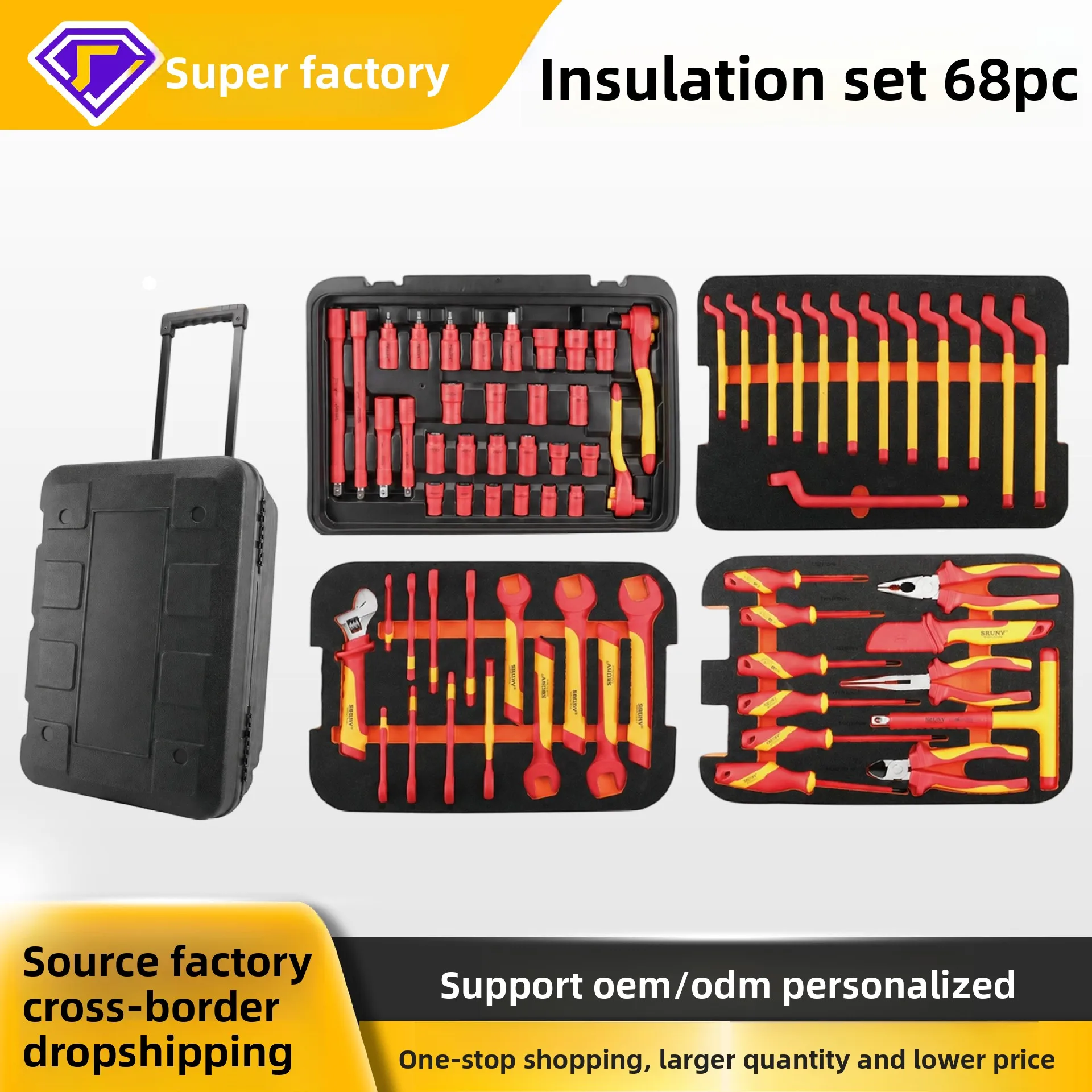 68 Piece Insulated Tool Set with Metal and Rubber Hand Tools, Electrician Repair Kit in Portable Storage Case for Auto