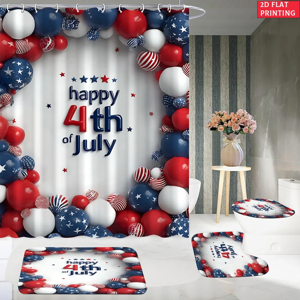 Tablecloth Multi Sizes 4Th Of July Wreath Art Pattern Shower Curtain With Hooks Non Slip U Shaped Toilet Lid Cover Pad Bathroom