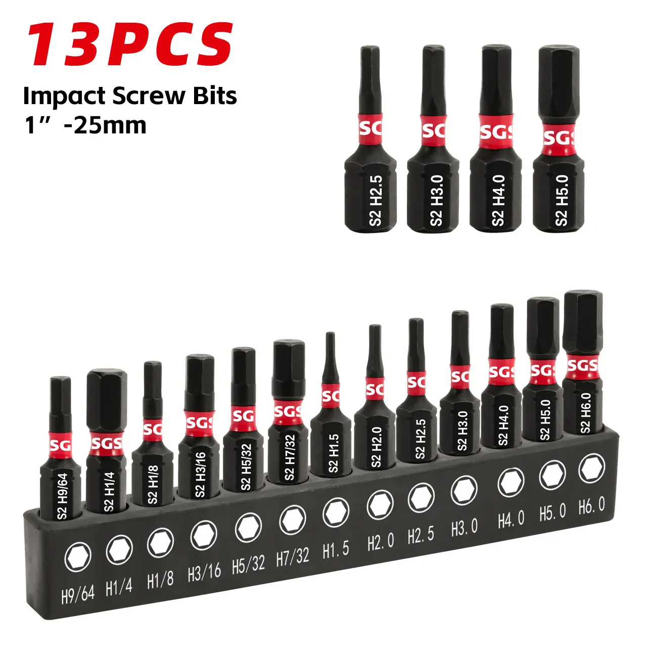 13-Piece S2 Steel Strong Magnetic Hex Head Impact Screwdriver Bit Set, (H1/4/H1/8/H9/64) 25mm, High Hardness, Industrial-Grade Wear-Resistant, with Black Base, Power Tool Set