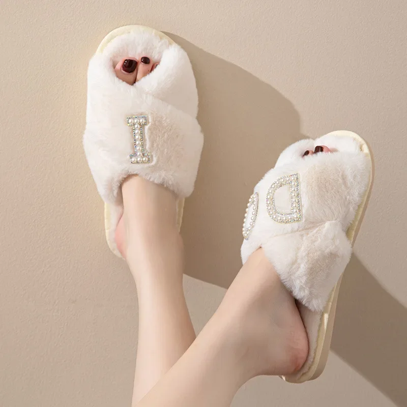 I DO Bride Slippers Couple Slippers Women\'s Wedding Shoes Plush Furry Warm Cozy White Slippers Open Toe Fluffy Bridal Party