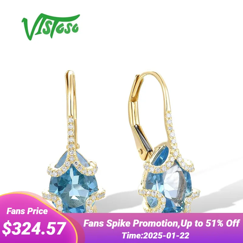 VISTOSO Real 14K 585 Yellow Gold Earrings For Women Sparkling Diamond Blue Topaz Charming Wedding Trendy Party Fine Jewelry