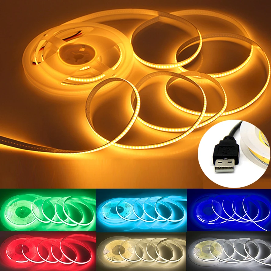 5V USB COB Lamp Strip 320LEDs/M White/Red/Pink/Ice Blue/Yellow Cabinet Light Lamp TV Backlight Flexible Ribbon Rope LED Strip