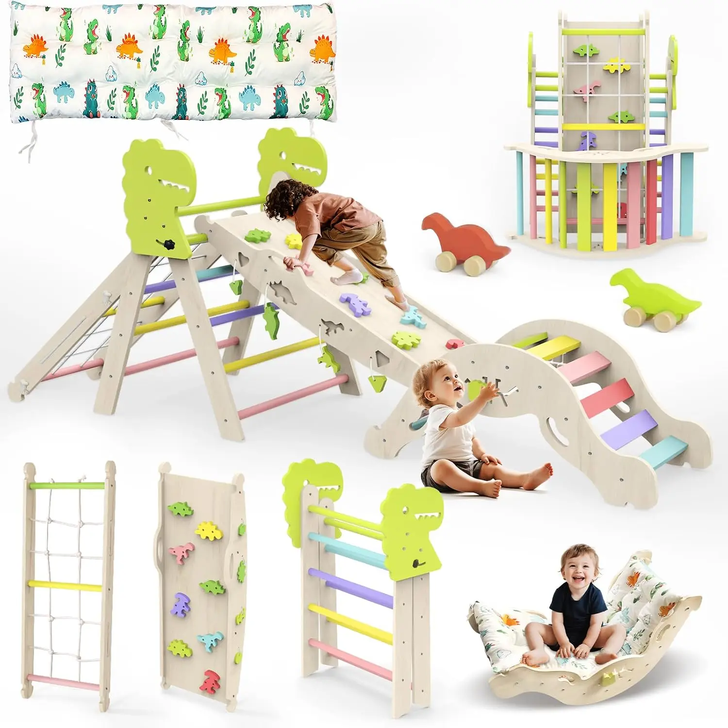 12 in 1 Pikler Triangle Set with Cushion, Montessori Toddler Climbing Toy | Wooden Indoor Climbing Gym, Rope Ladder, Shape Sorte