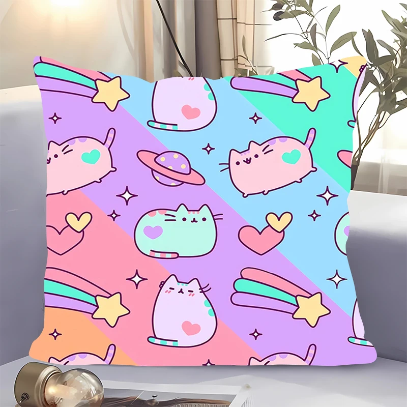 Pillowcase Cartoon Cute P-Pusheen Cat Pillow Cover Short Plush Polyester Sofa Home Decor Car Chair Throw Pillow for Girl's Gift