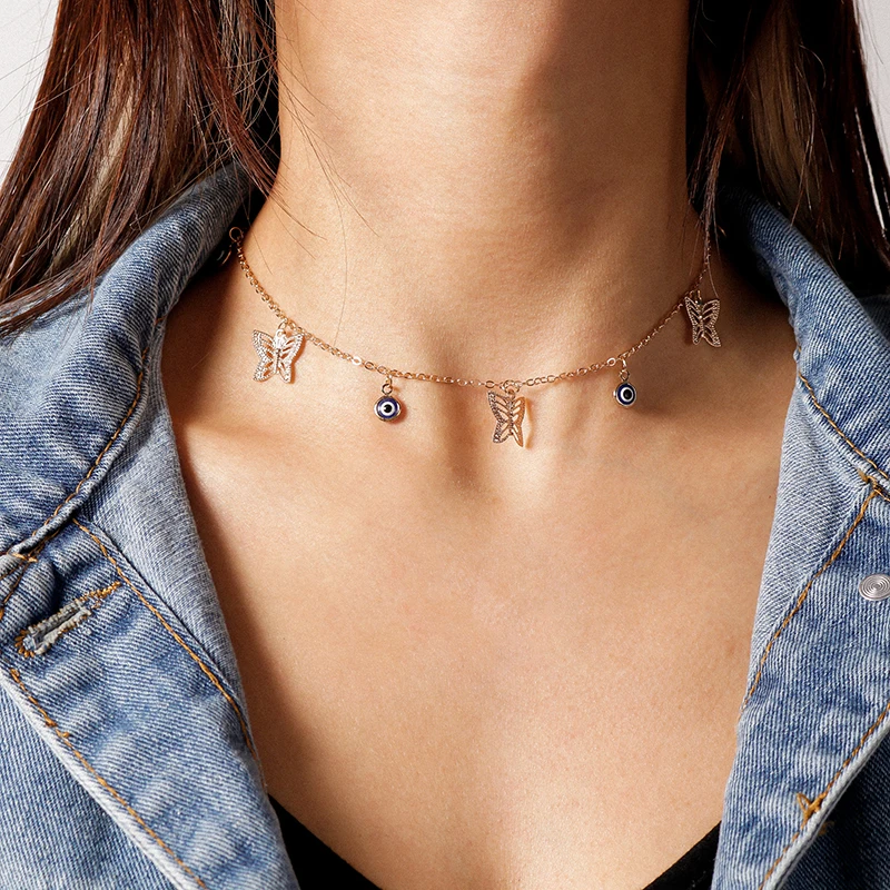Aihua Niedliche kleine türkische Glücksauge-Schmetterlings-Halskette für Frauen, Statement-Halskette, Halsketten, Chocker, Damenschmuck – Detail 1