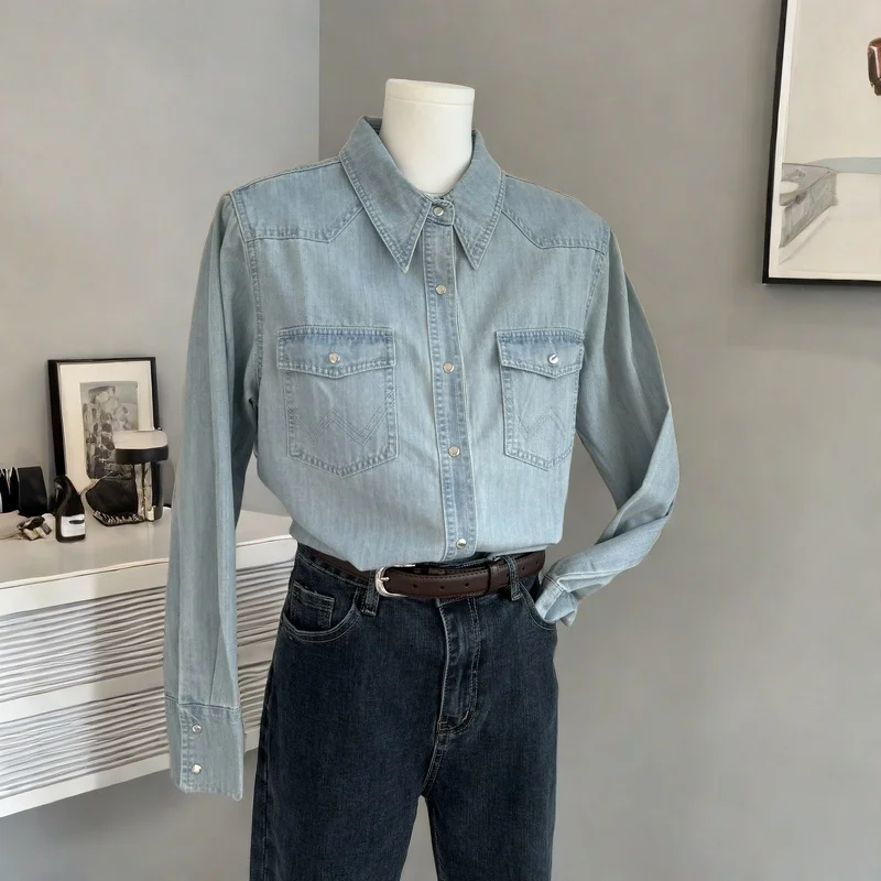 

Светло-голубая джинсовая рубашка для женщин, многослойная, весна-осень, новая, в корейском стиле, для ношения под одеждой, повседневная, с высокой талией, свободного кроя, длинная