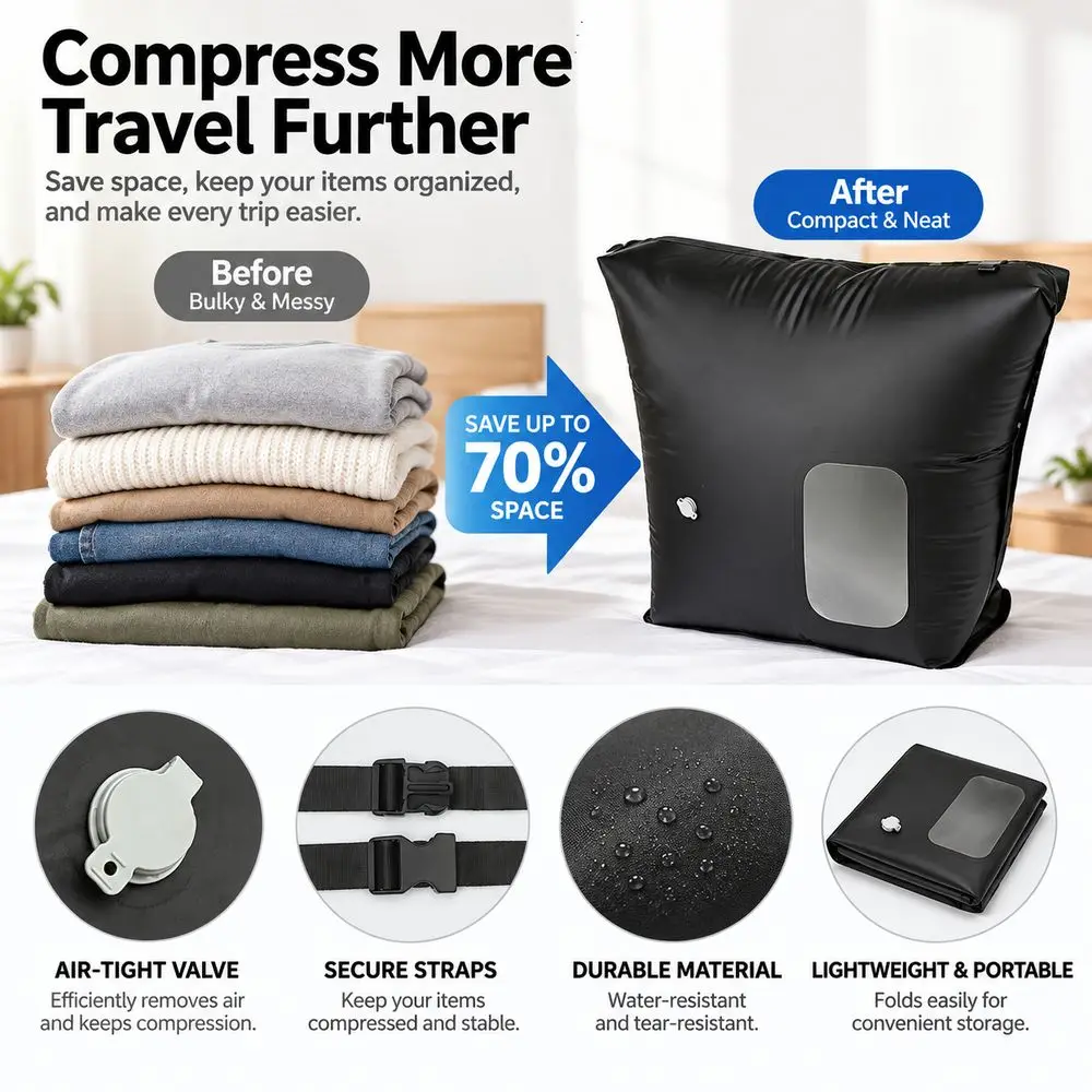 Black Vacuum Compression Storage Bag Reinforced Straps Clear Viewing Window Compression Storage Bag for Foldable Structure