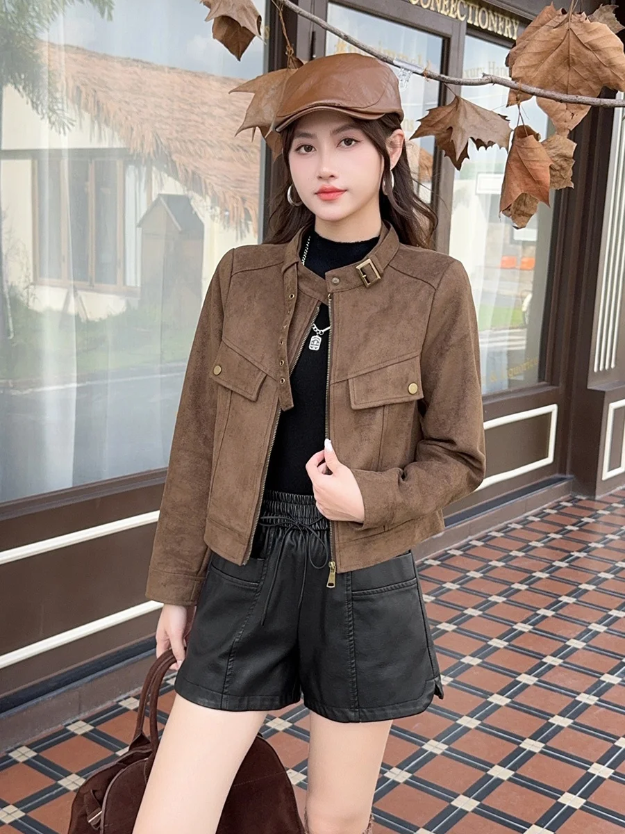 

Женская короткая замшевая куртка Slim Fit с воротником-стойкой, повседневная, осенне-зимняя, новая корейская версия, модная верхняя одежда