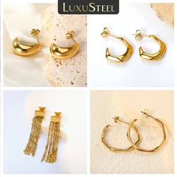 LUXUSTEEL Golden Water Droplet Shape Women's Hoop Earrings Geometric Stainless Steel C Shape Tassels Earring Party Jewelry Gifts