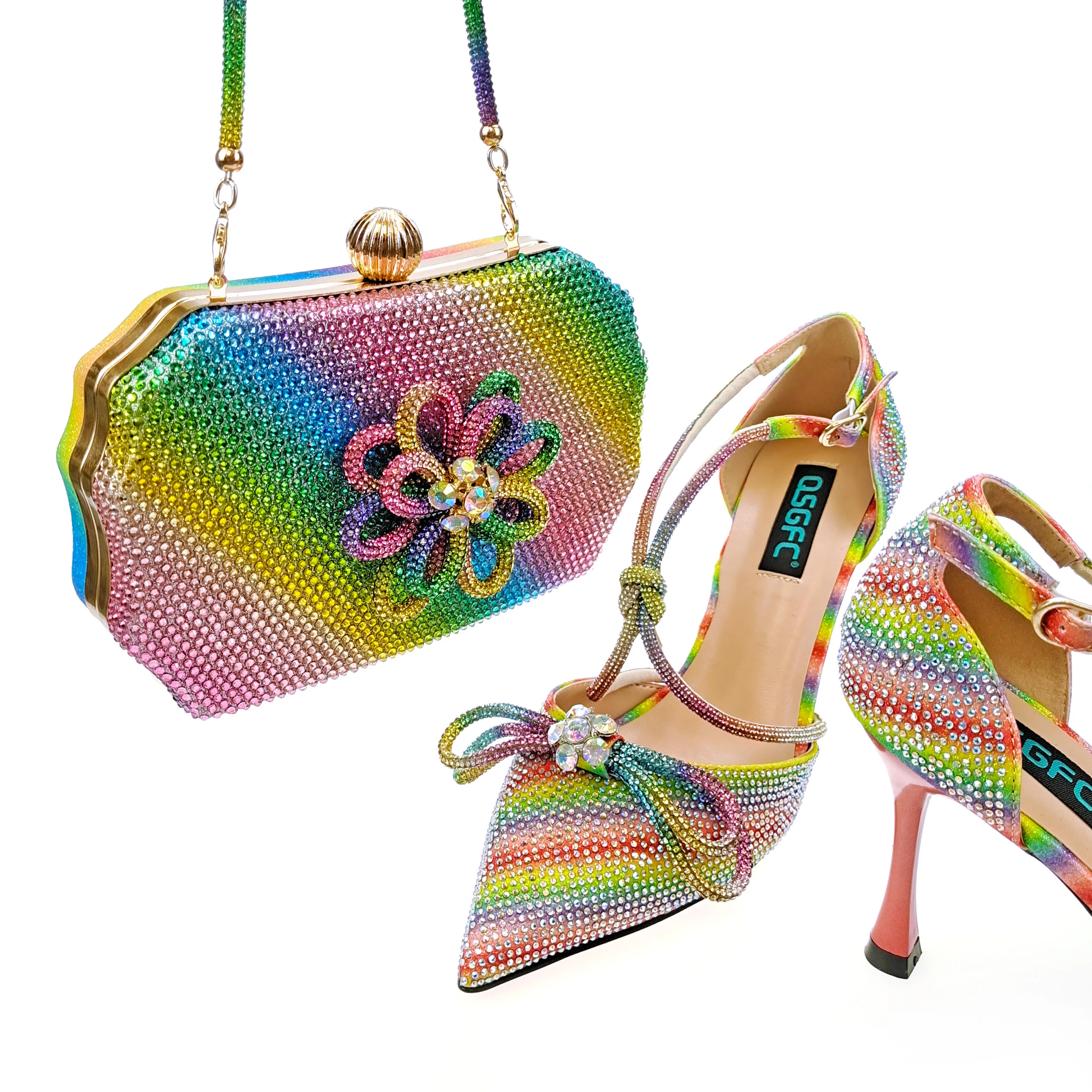 

QSGFC Matching Modern Women's Shoes And Bag For Party Ladies Shoes and Bag Full Diamond Butterfly Design in Rainbow Color