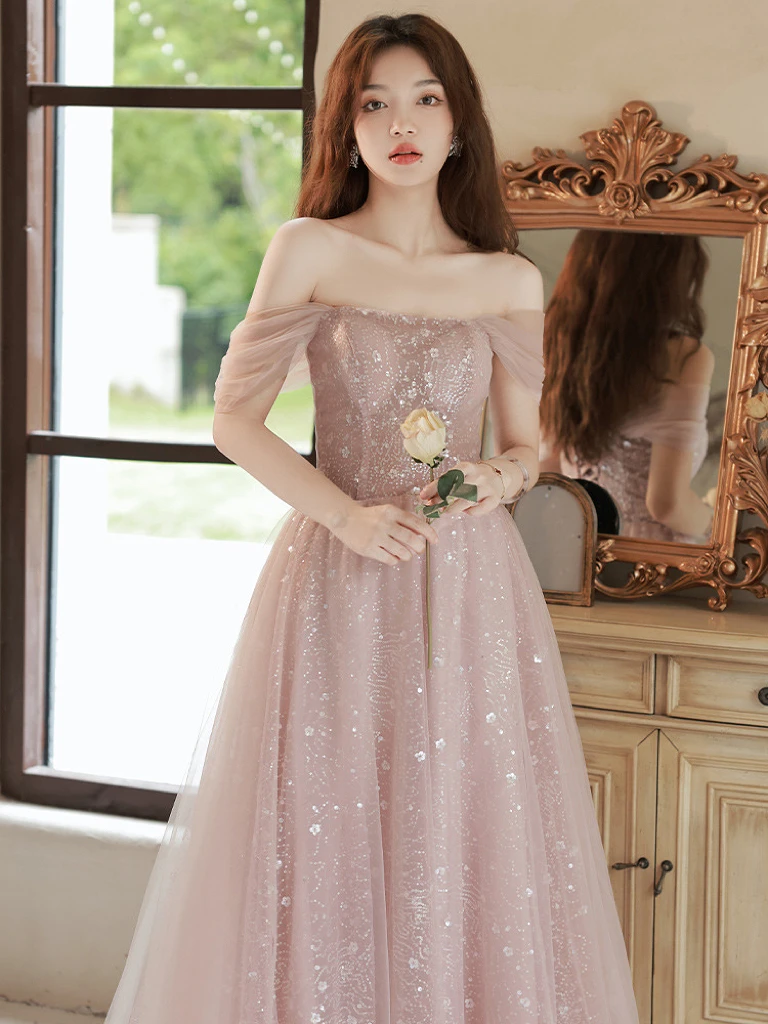 Pink Evening Dresses Applique A-line Tulle Sequined Off Shoulder Quinceanera Bridesmaid Gowns For Birthday Party Homecoming 2024