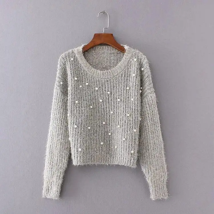 

iny Sequin Long Casual Women's Pullover Sweater for Autumn Polyester Fiber Long Sve Color Commute Sle Knitted Top