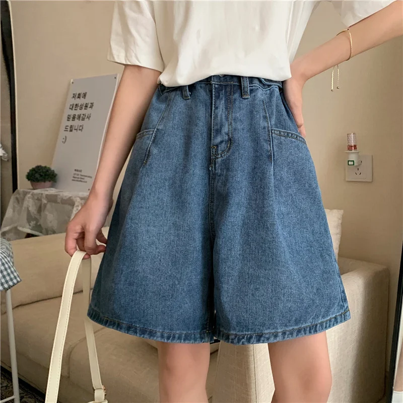High Waist Summer Denim Shorts Women's Wide Leg Straight Thin Five-Point Pants plus Size Loose Thin A-Line Trendy Shorts