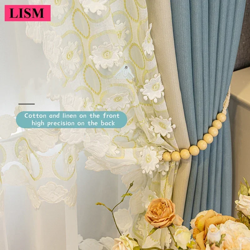 

Custom Modern Chenille Blackout Curtain For Bedroom Living Room Room Blue Beige Splicing New Pine Leaf Velvet Embroidered Yarn