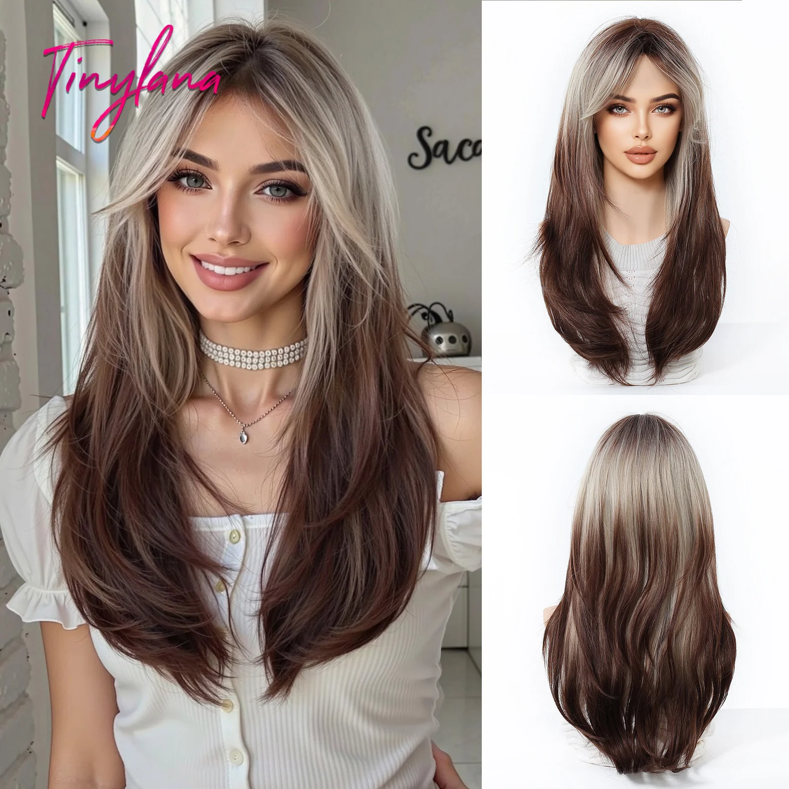 Long Straight Gray Brown Ombre Synthetic Wigs with Bangs for Women Cosplay Lolita Party Layered Wig Natural Hair Heat Resistant