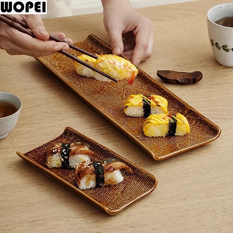 Vintage Brown Ceramic Sushi Plate Creative Long Strip Plate Sashimi Plate Fish Plates Dessert Dish Molecular Cuisine Tableware