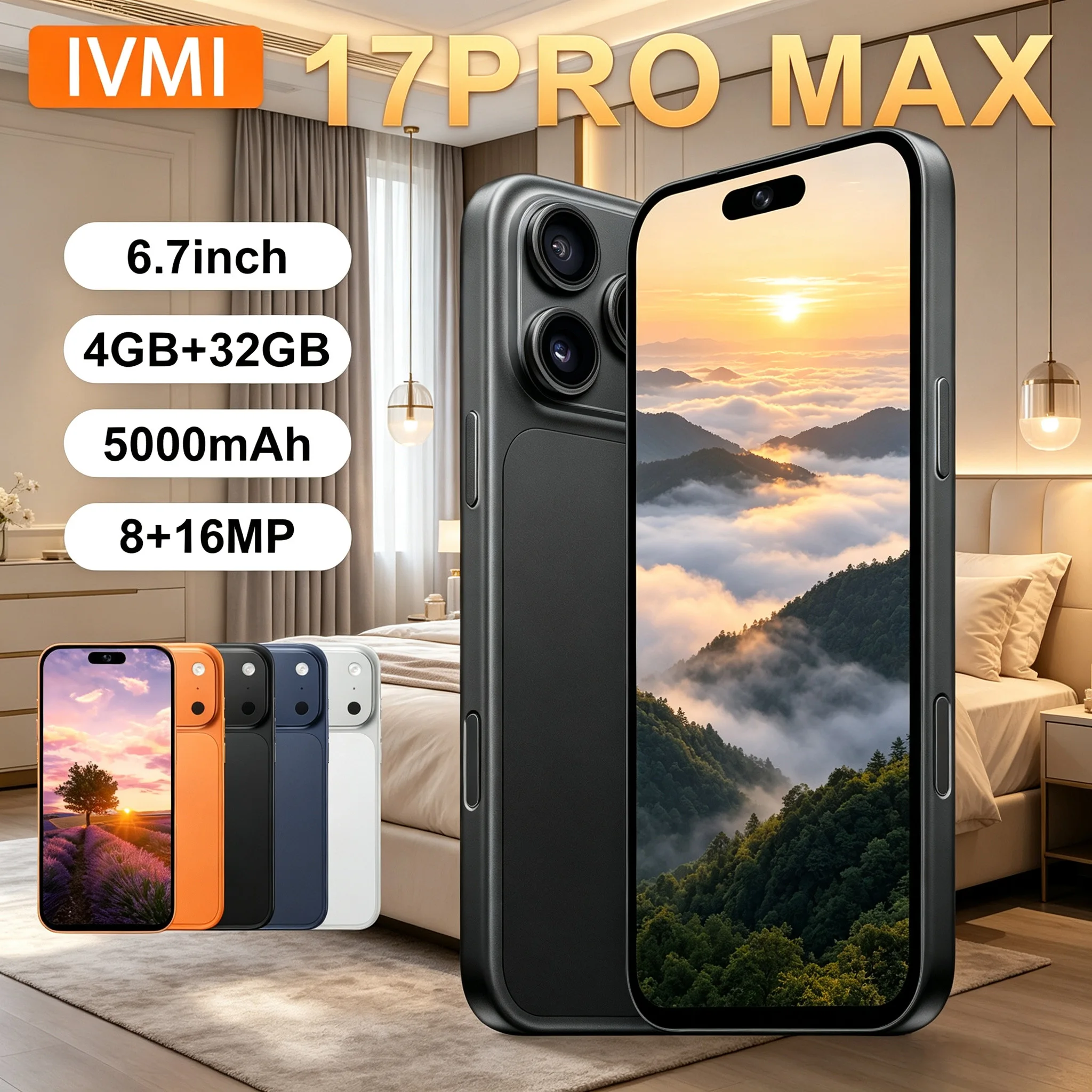 IVMI Global Vision 17Pro Max Smartphone 6.7Inch Android 12 4GB RAM 32GB ROM Face ID Google Play Store Fingerprin Mobile Phones