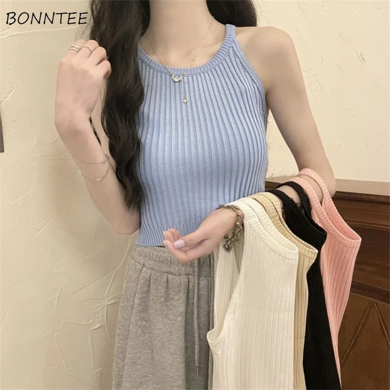 Tanks Women Solid 5 Colors All-match Summer Basics Popular Elegant Korean Style Daily Charming Simple Sweet Students Personality