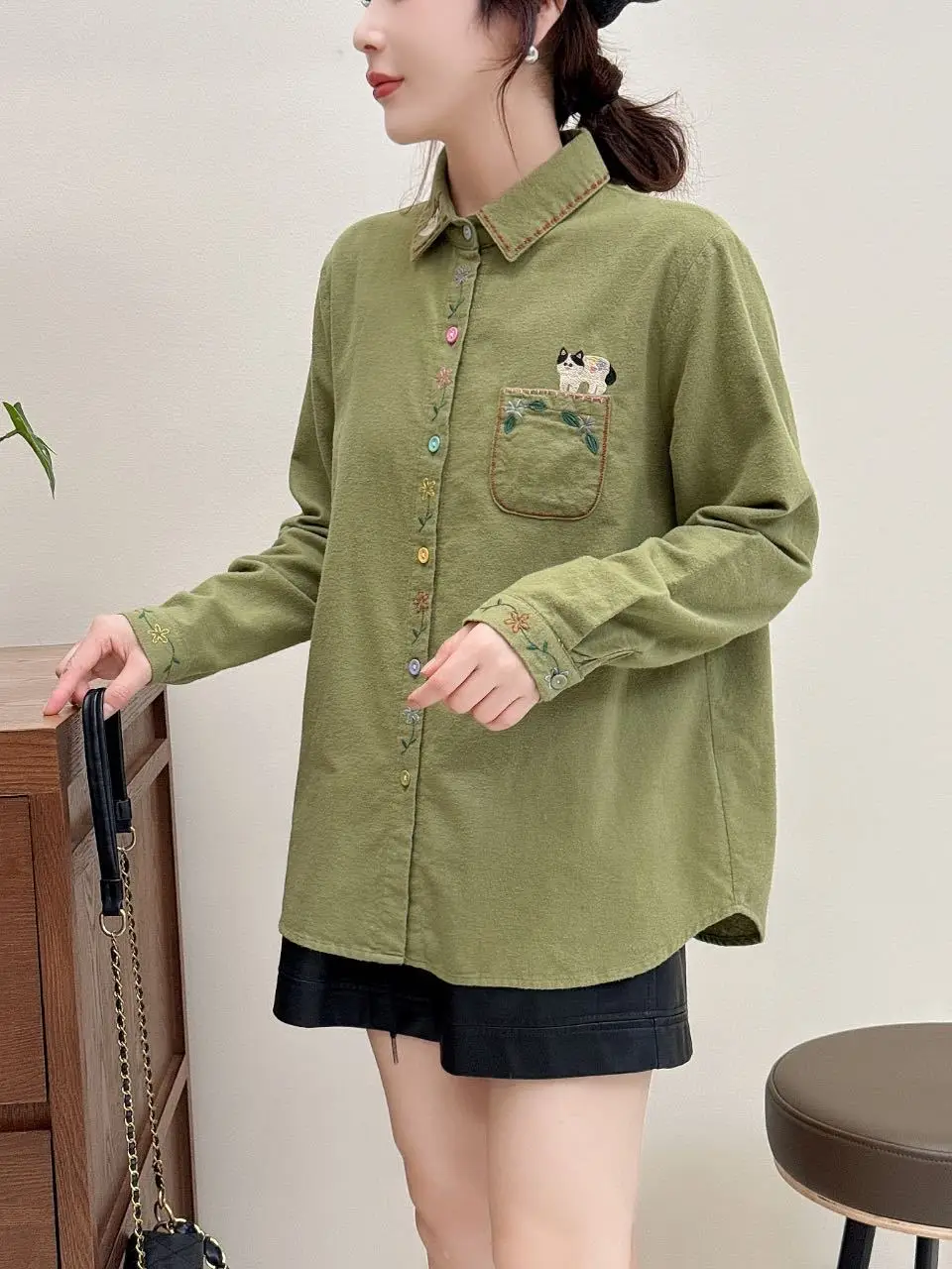 Mori kei fashion green beige cartoon cat flowers embroidery shirts and blouses for women Japan style thicken backing shirts