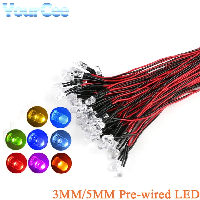 10 sztuk F5 5mm 3mm koralik świetlny LED woda przezroczysta dioda LED wstępnie okablowany kabel 20cm czerwony/zielony/niebieski/żółty/UV/pomarańczowy/różowy/ciepły/biały/RGB