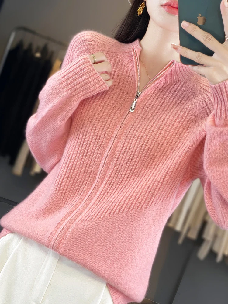

Chic Mock NeckTwist Flower Women's Full-Zip Cardigan Solid Color Basic Soft Warm 100% Merino Wool Casual Loose Sweater Tops