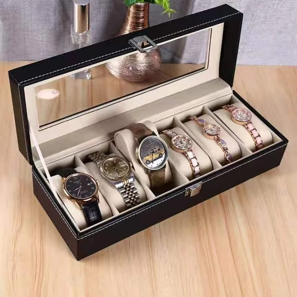 WELLZONE-vitrina de reloj de 6 posiciones para hombre, caja organizadora de reloj de cuero PU, soporte de almacenamiento de colección de relojes