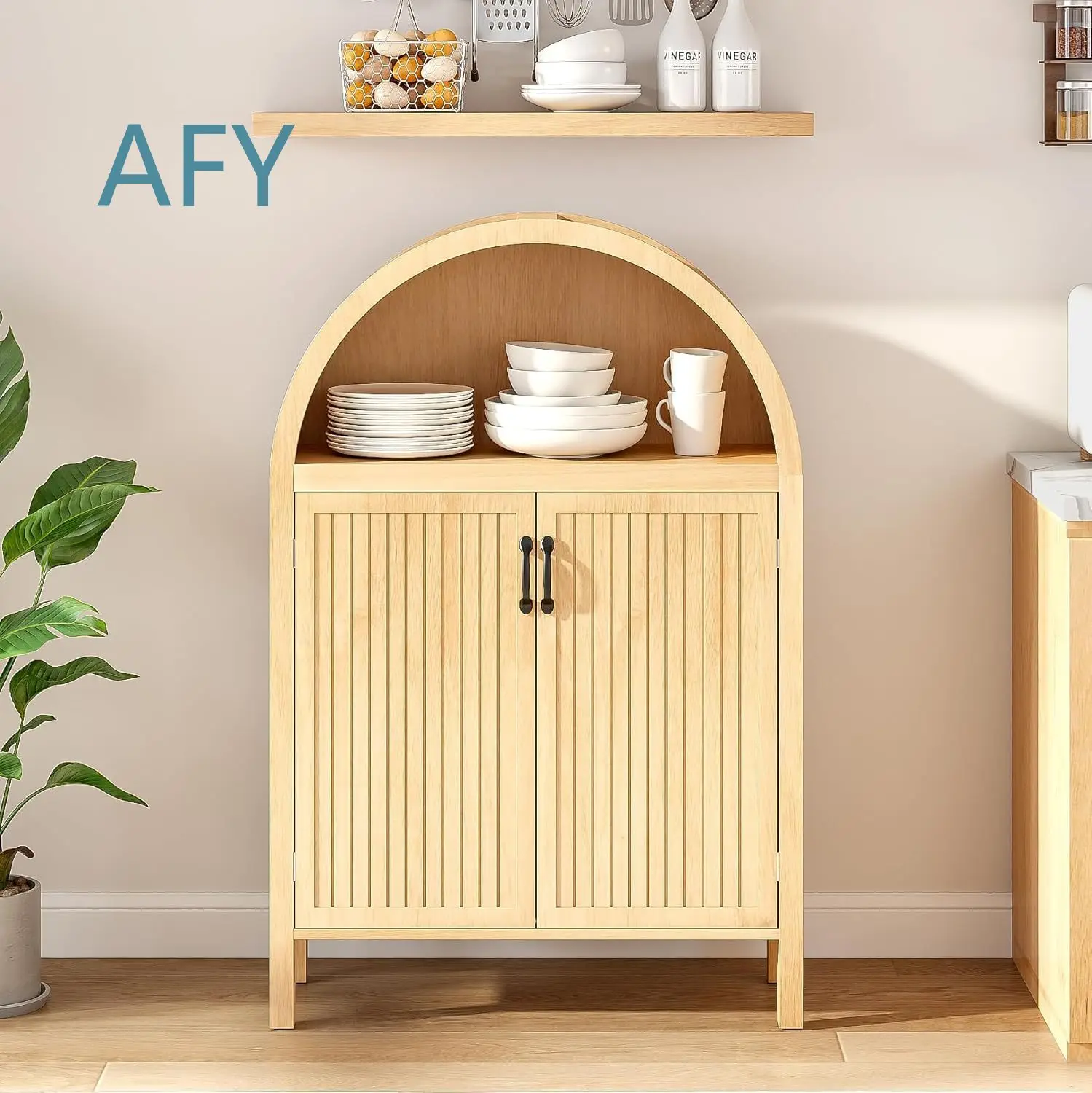 Wooden Farmhouse Kitchen Cabinet with Arched Design Double Door Food Storage for Modern Home for Small Space for DIY