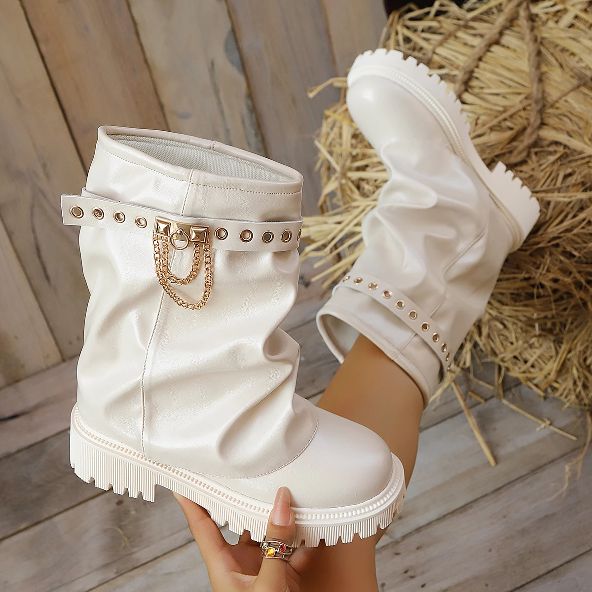 2026 New Platform Fold Knee High Boots for Women Trend Punk Belt Buckle Square Toe Trouser Boots Fashion Goth Shoes for Women