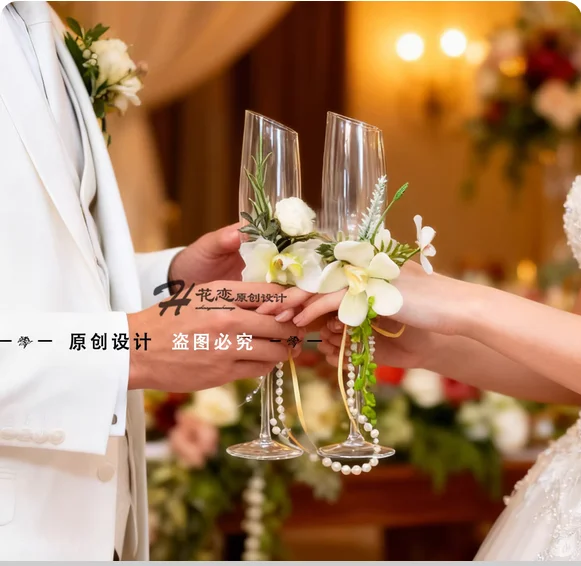 Wedding toast to wine glasses, decorative flowers, newlyweds getting married, a pair of Mori bride and groom goblets, simulation