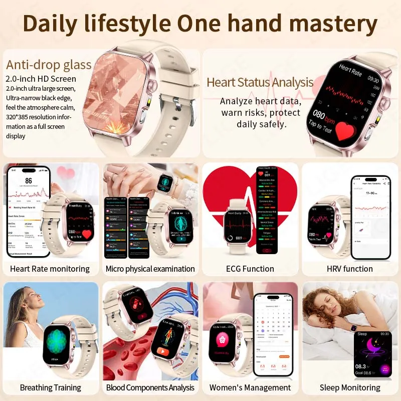 FOXBOX 2026 New Health Smart Watch Blood Lipid Uric Acid Tracker ECG+PPG Clock Bluetooth Call Flashlight Men Women's Smartwatch