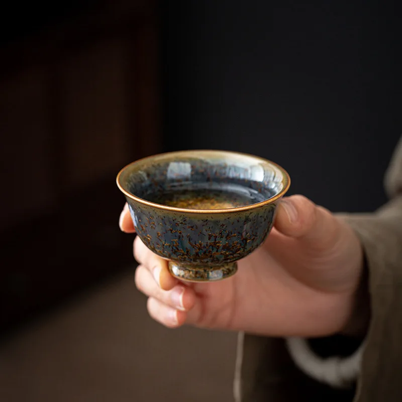 Crystal Glazed Pressed Hand Cup Ceramic Host Single Cup Kung Fu Tea Cup High-End Tea Cup Drinking Tea Household Tea Set