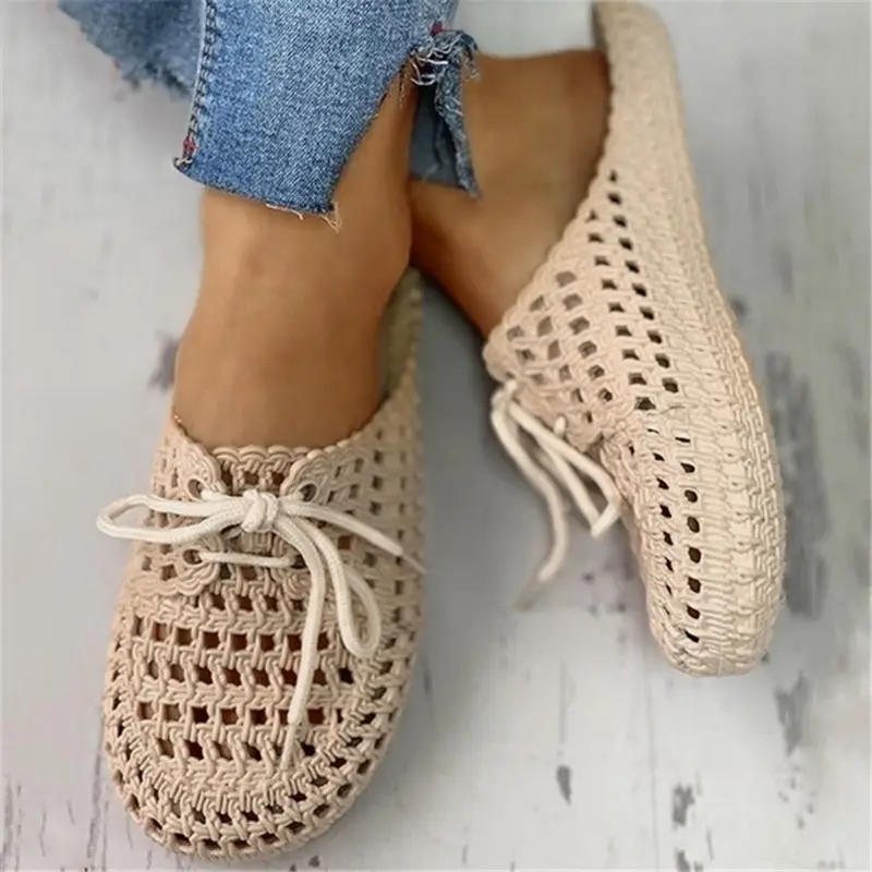 Summer Slippers Shoes Woman 2022 Closed Toe Breathable Flip Flops Hollow Out Lace Up Summer Outdoor Beach Slides Flats Pink Rome