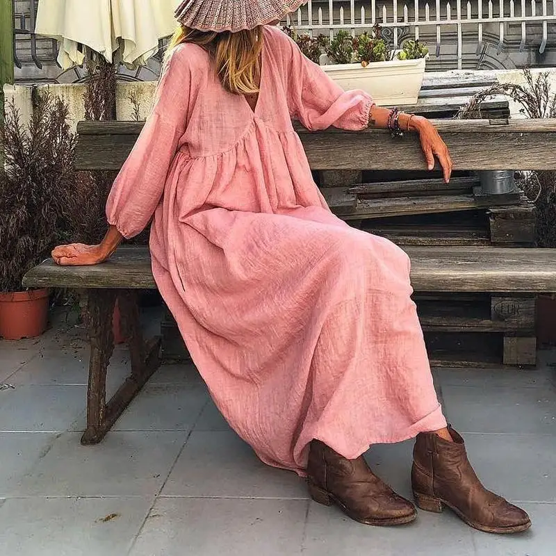 Fashion V-neck loose casual dress solid color vacation style cotton linen long dresses