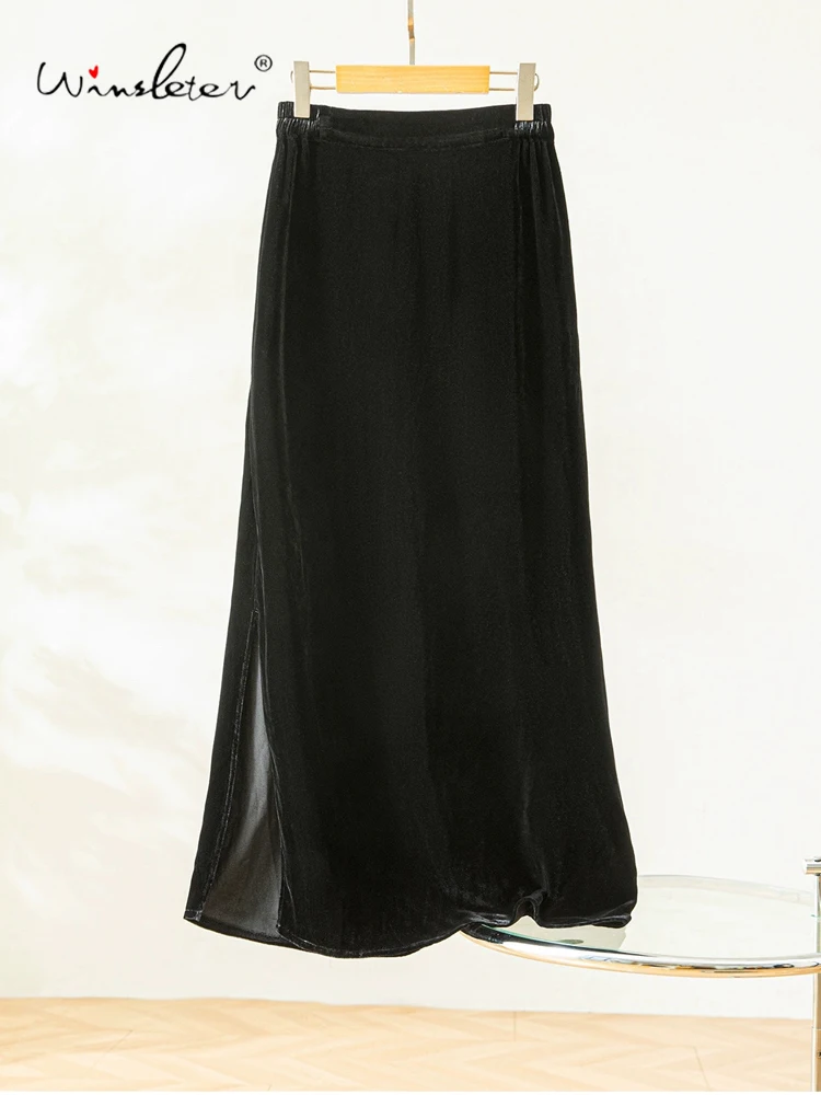 

Winsleter-Bottom 100%Real Silk Elegant Velvet Skirts, Elastic Waist Slit, Women Retro Straight Skirt, 2025 Winter New B5N643CC