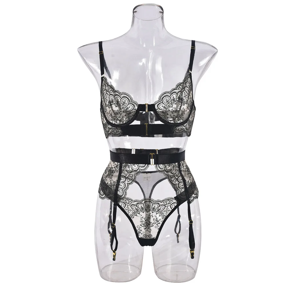 Sexy Sheer Mesh Translucent Bra Thongs Garter Belts 3 Piece Set Embroidered See Through Lingerie Outfit Erotic Nightwear