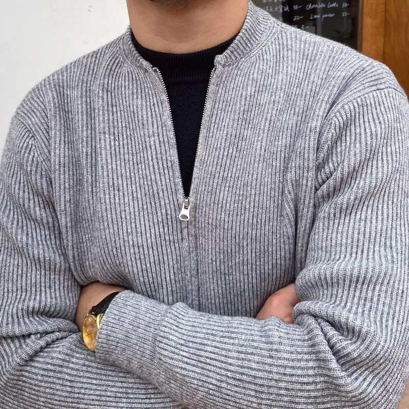 Autumn Winter Solid Slim Knit Cardigan Jacket Men's Business Casual Warm Outerwear