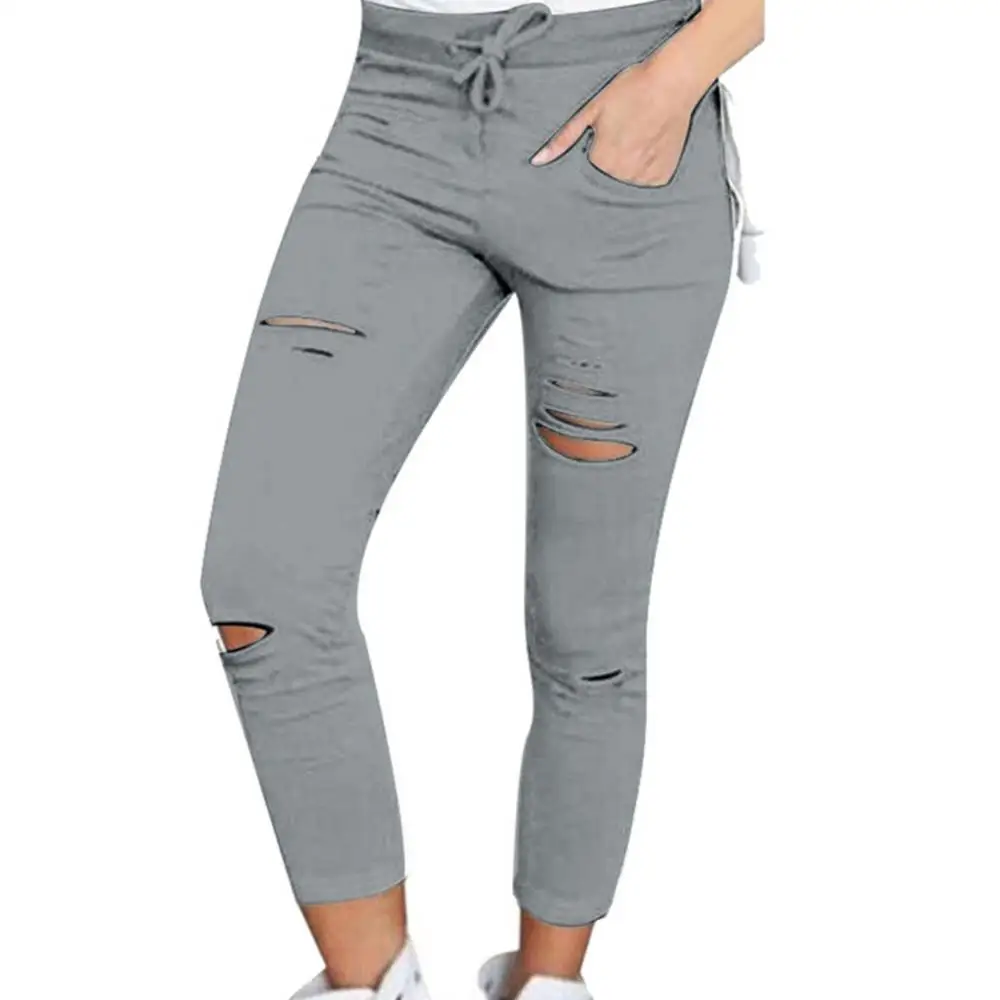 Women Pants Solid Color Drawstring High Waist Pencil Pants Ripped Skinny Leggings Lady Casual Trousers Women's Clothing