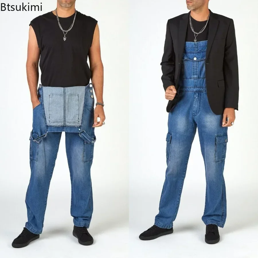2025 Men's Denim Straps Long Pants Multiple Pockets Men Denim Bib Blue Cargo Pants Fashion Pocket Jumpsuits Casual Jeans for Men