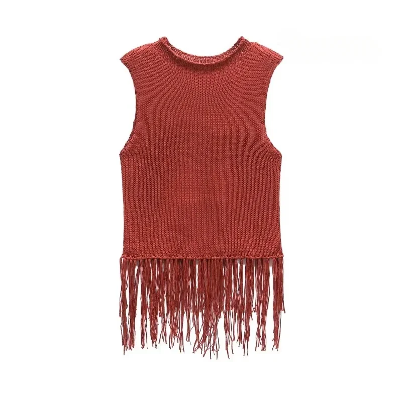 CharmChant Cropped Cable Knit Vest - Red Fringe Details & Oversized Neckline Festival Boho Style